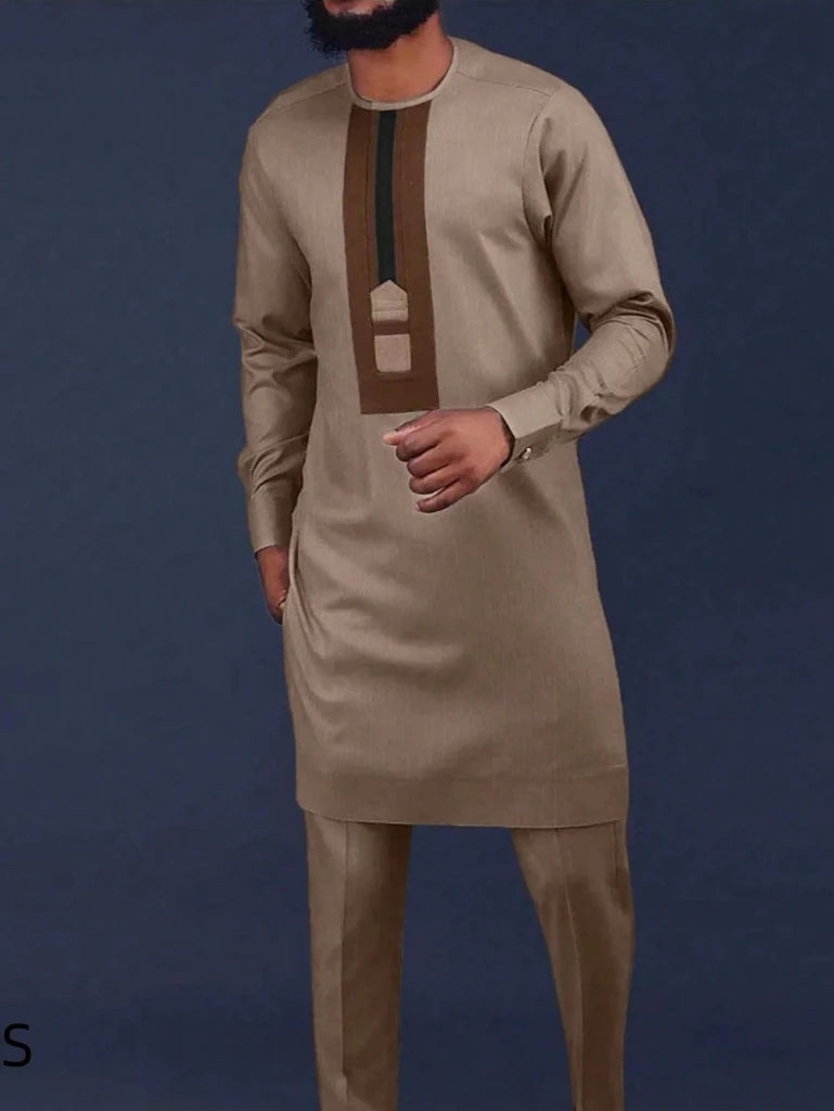 Men’s Luxury African Wedding 2PC Suit – Elegant Groom Outfit, Patchwork Crew - Neck Formal Set - Free Delivery Worldwide only at Flexi Africa