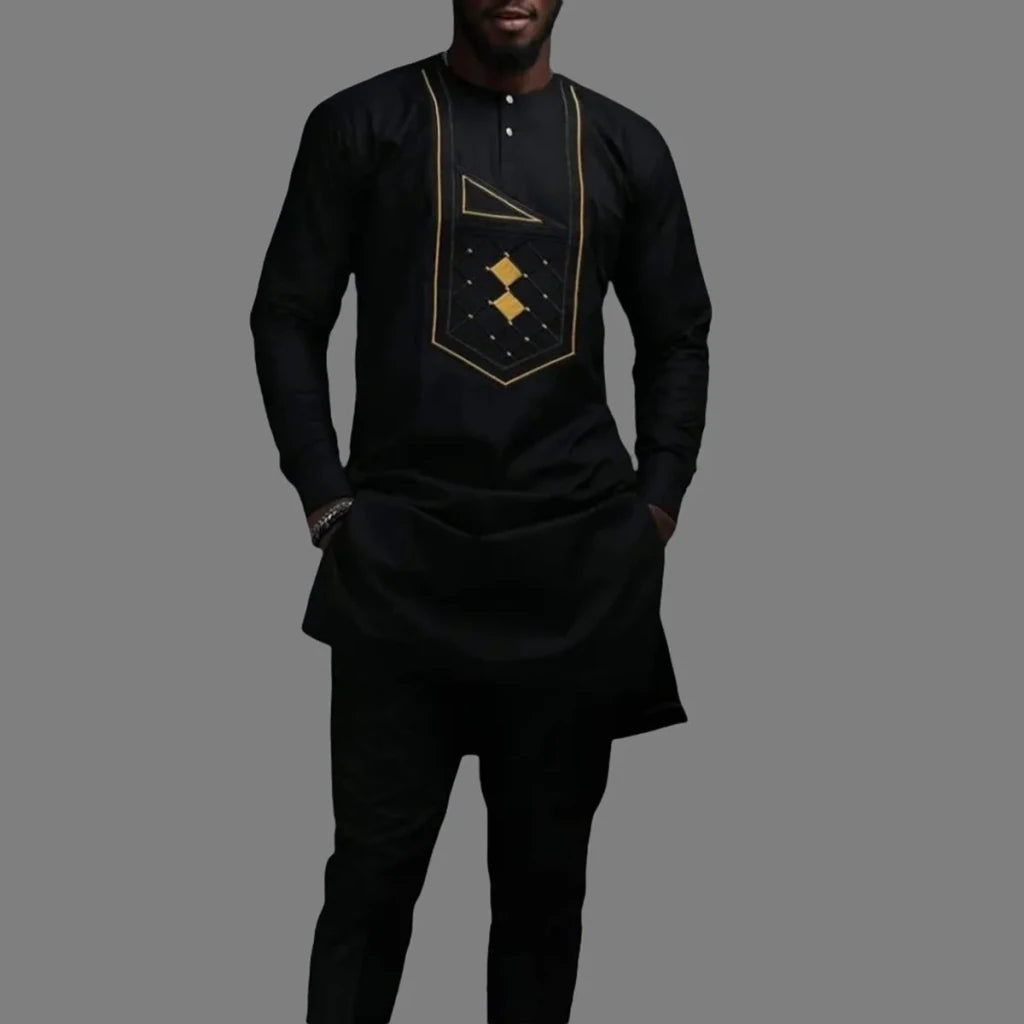 Men’s Luxury African Wedding 2PC Suit – Elegant Groom Outfit, Patchwork Crew - Neck Formal Set - Free Delivery Worldwide only at Flexi Africa