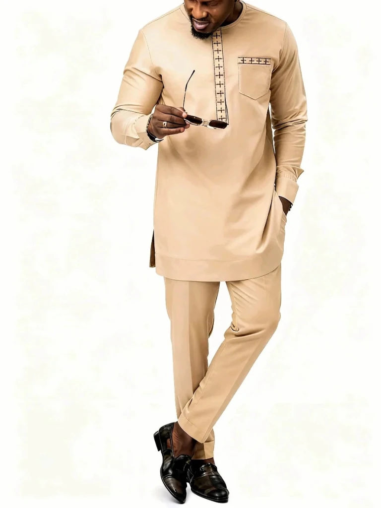 Men’s Luxury African Wedding 2PC Suit – Elegant Groom Outfit, Patchwork Crew - Neck Formal Set - Free Delivery Worldwide only at Flexi Africa