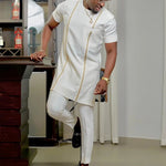 Men’s Luxury African Wedding 2PC Suit – Elegant Groom Outfit, Patchwork Crew - Neck Formal Set - Free Delivery Worldwide only at Flexi Africa