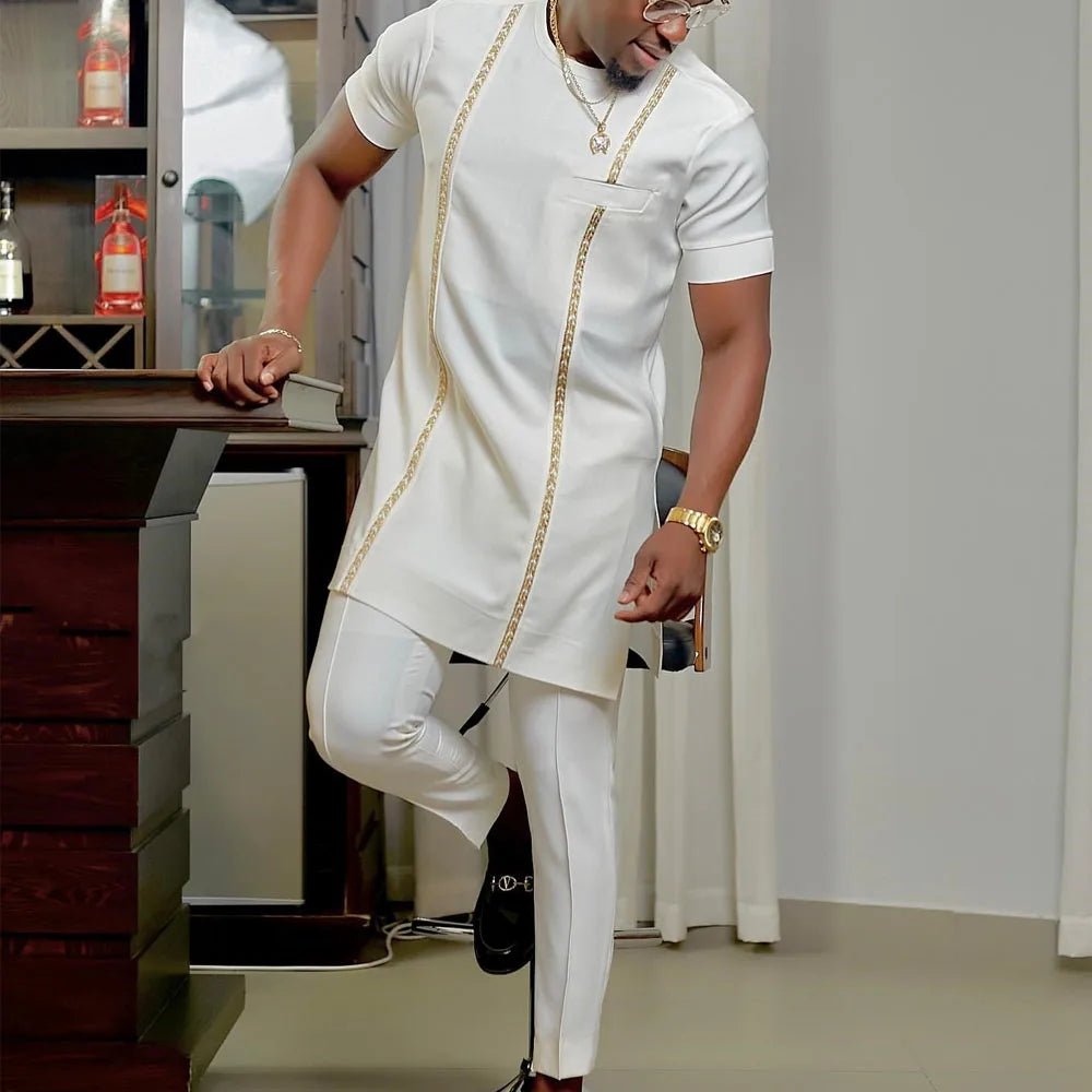 Men’s Luxury African Wedding 2PC Suit – Elegant Groom Outfit, Patchwork Crew - Neck Formal Set - Free Delivery Worldwide only at Flexi Africa