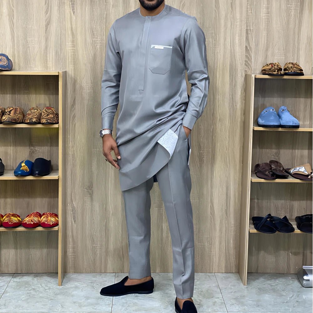 Men’s Luxury African Wedding 2PC Suit – Elegant Groom Outfit, Patchwork Crew - Neck Formal Set - Free Delivery Worldwide only at Flexi Africa