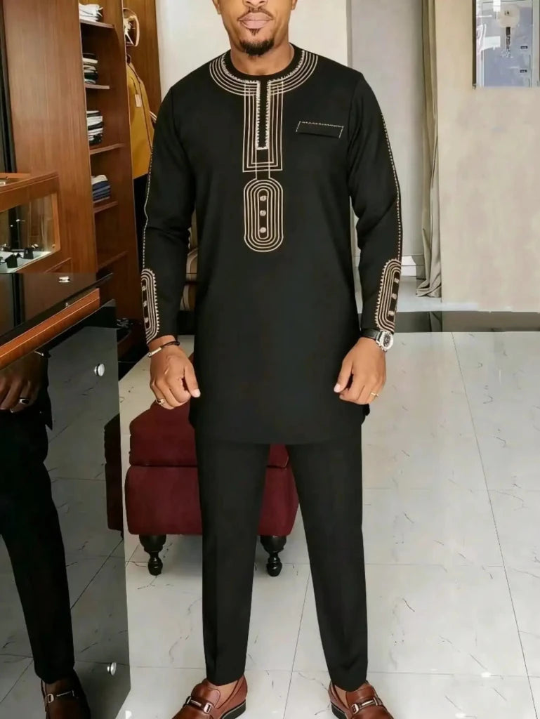 Men’s Luxury African Wedding 2PC Suit – Elegant Groom Outfit, Patchwork Crew - Neck Formal Set - Free Delivery Worldwide only at Flexi Africa