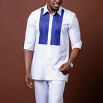 Men’s Luxury African Wedding 2PC Suit – Elegant Groom Outfit, Patchwork Crew - Neck Formal Set - Free Delivery Worldwide only at Flexi Africa