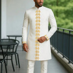 Men’s Luxury African Wedding 2PC Suit – Elegant Groom Outfit, Patchwork Crew - Neck Formal Set - Free Delivery Worldwide only at Flexi Africa