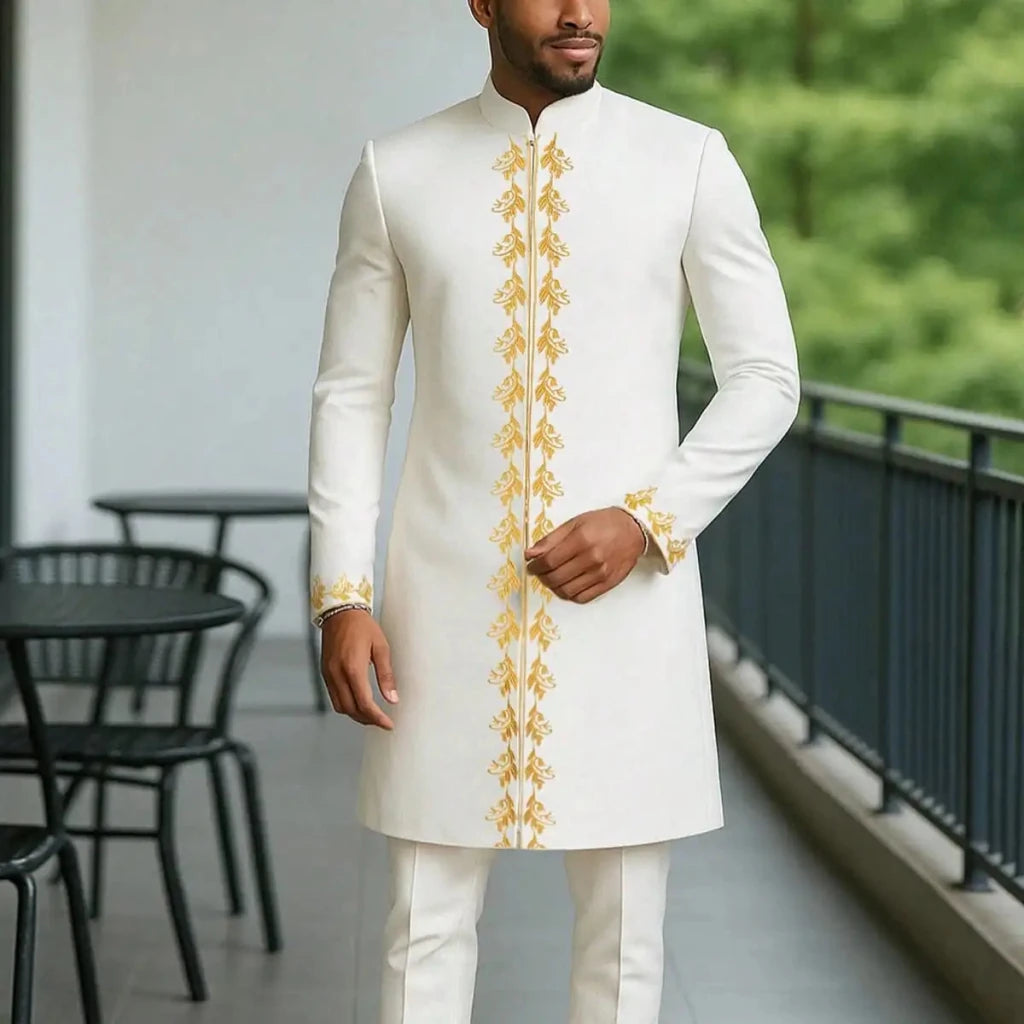 Men’s Luxury African Wedding 2PC Suit – Elegant Groom Outfit, Patchwork Crew - Neck Formal Set - Free Delivery Worldwide only at Flexi Africa