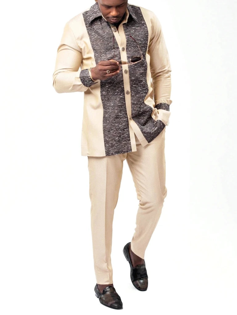 Men’s Luxury African Wedding 2PC Suit – Elegant Groom Outfit, Patchwork Crew - Neck Formal Set - Free Delivery Worldwide only at Flexi Africa