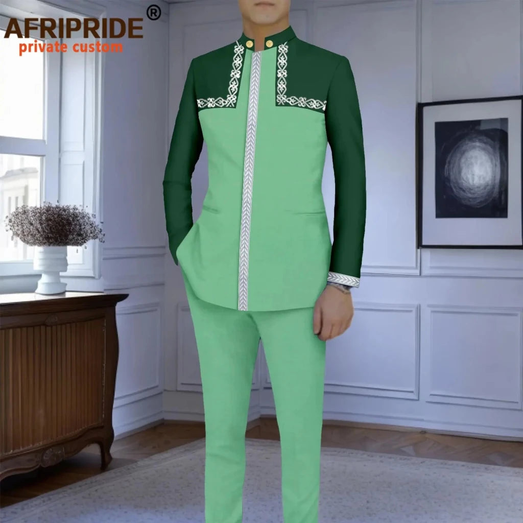Men’s Slim-Fit African Wedding Suit – Embroidered Jacket, Pocket Square and Pants 2PC Set - Free Delivery Worldwide only at Flexi Africa