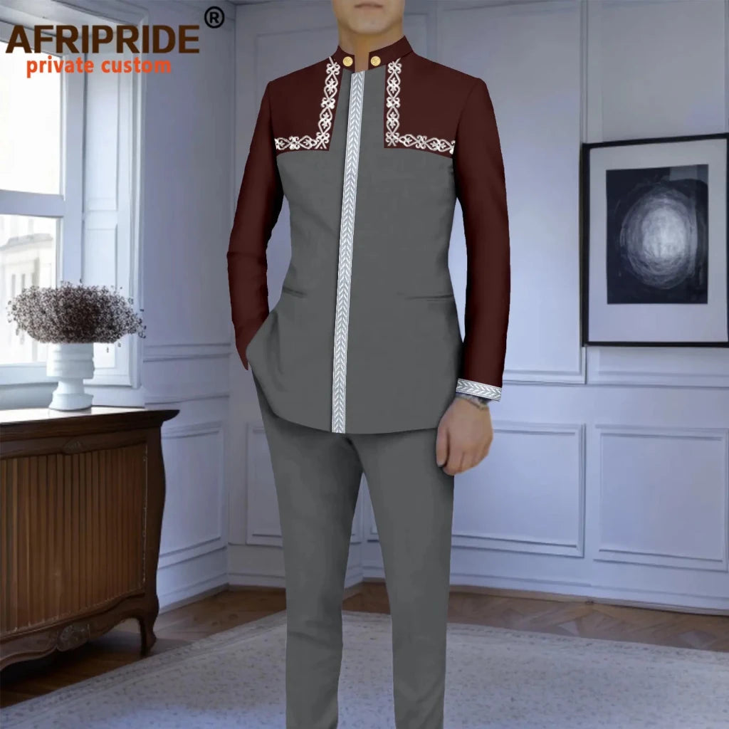 Men’s Slim-Fit African Wedding Suit – Embroidered Jacket, Pocket Square and Pants 2PC Set - Free Delivery Worldwide only at Flexi Africa