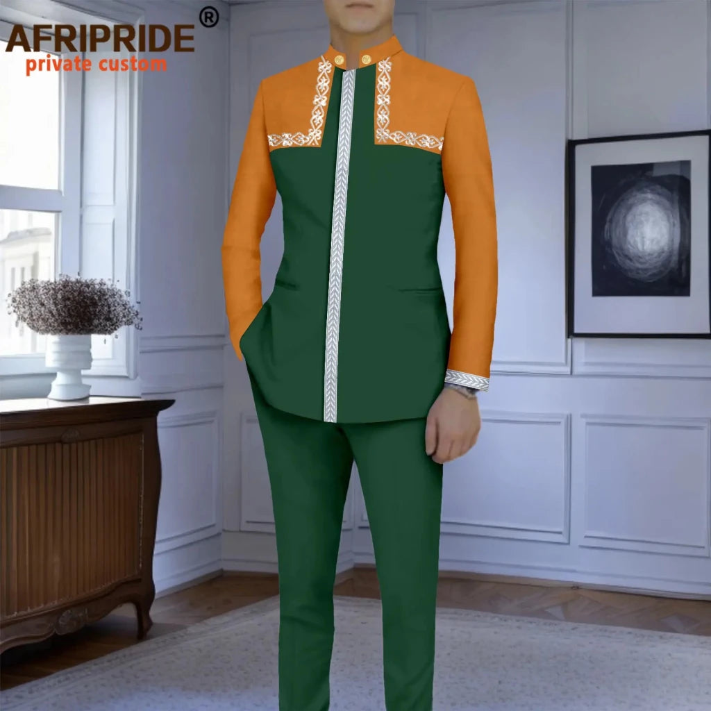 Men’s Slim-Fit African Wedding Suit – Embroidered Jacket, Pocket Square and Pants 2PC Set - Free Delivery Worldwide only at Flexi Africa