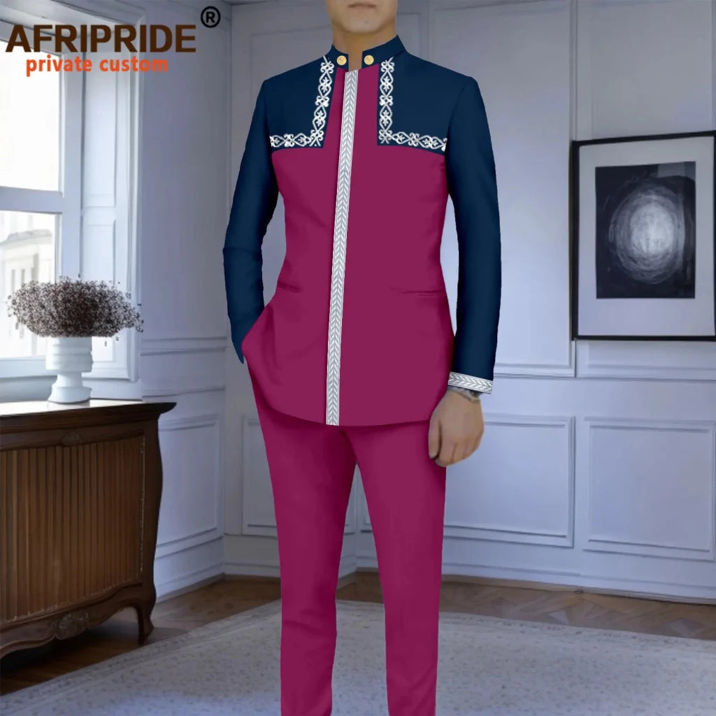 Men’s Slim-Fit African Wedding Suit – Embroidered Jacket, Pocket Square and Pants 2PC Set - Free Delivery Worldwide only at Flexi Africa