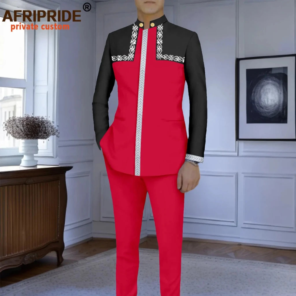 Men’s Slim-Fit African Wedding Suit – Embroidered Jacket, Pocket Square and Pants 2PC Set - Free Delivery Worldwide only at Flexi Africa