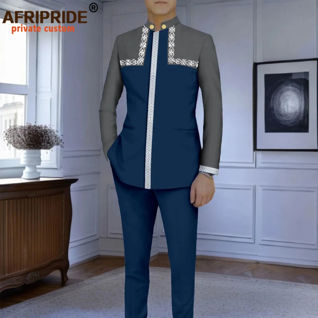 Men’s Slim-Fit African Wedding Suit – Embroidered Jacket, Pocket Square and Pants 2PC Set - Free Delivery Worldwide only at Flexi Africa