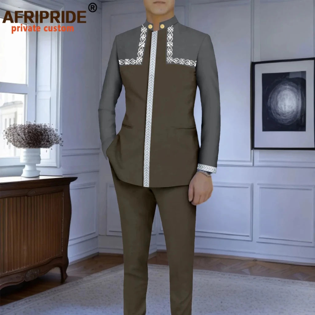Men’s Slim-Fit African Wedding Suit – Embroidered Jacket, Pocket Square and Pants 2PC Set - Free Delivery Worldwide only at Flexi Africa