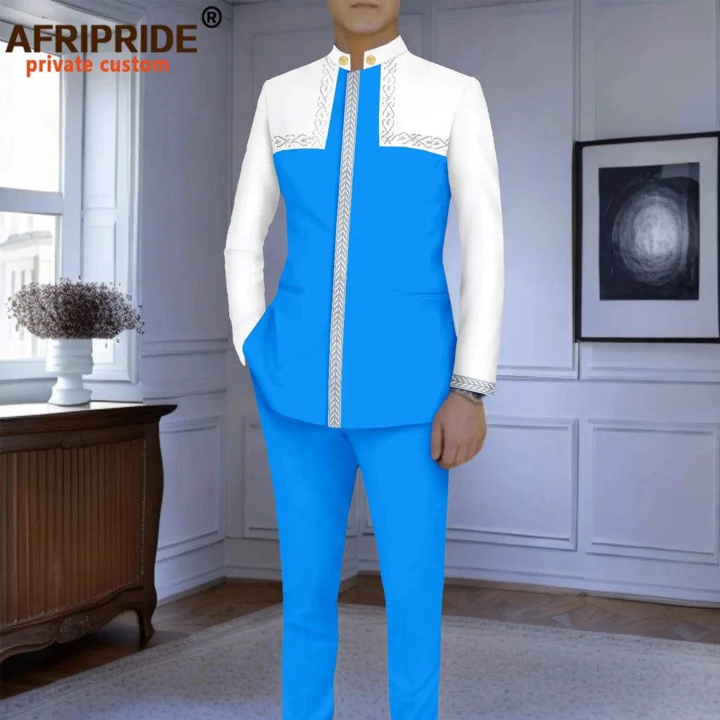 Men’s Slim-Fit African Wedding Suit – Embroidered Jacket, Pocket Square and Pants 2PC Set - Free Delivery Worldwide only at Flexi Africa