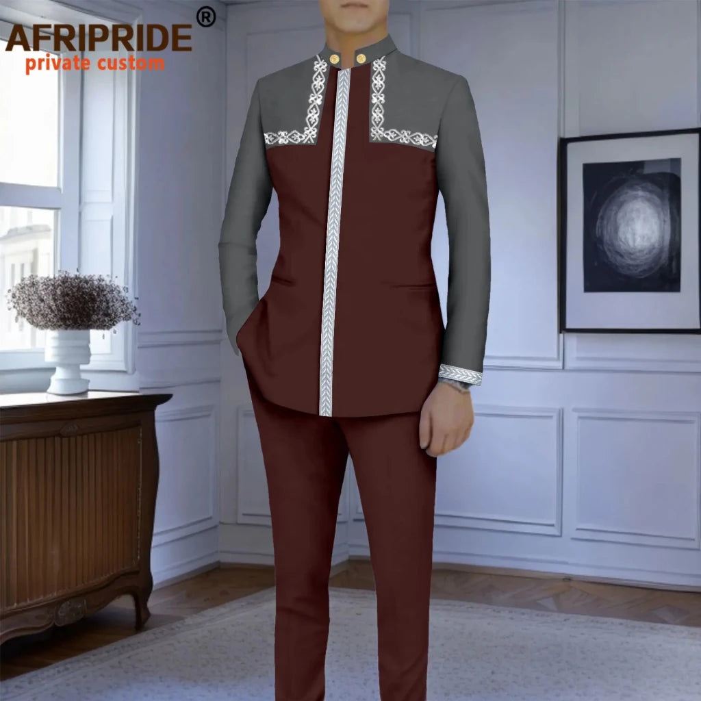 Men’s Slim-Fit African Wedding Suit – Embroidered Jacket, Pocket Square and Pants 2PC Set - Free Delivery Worldwide only at Flexi Africa