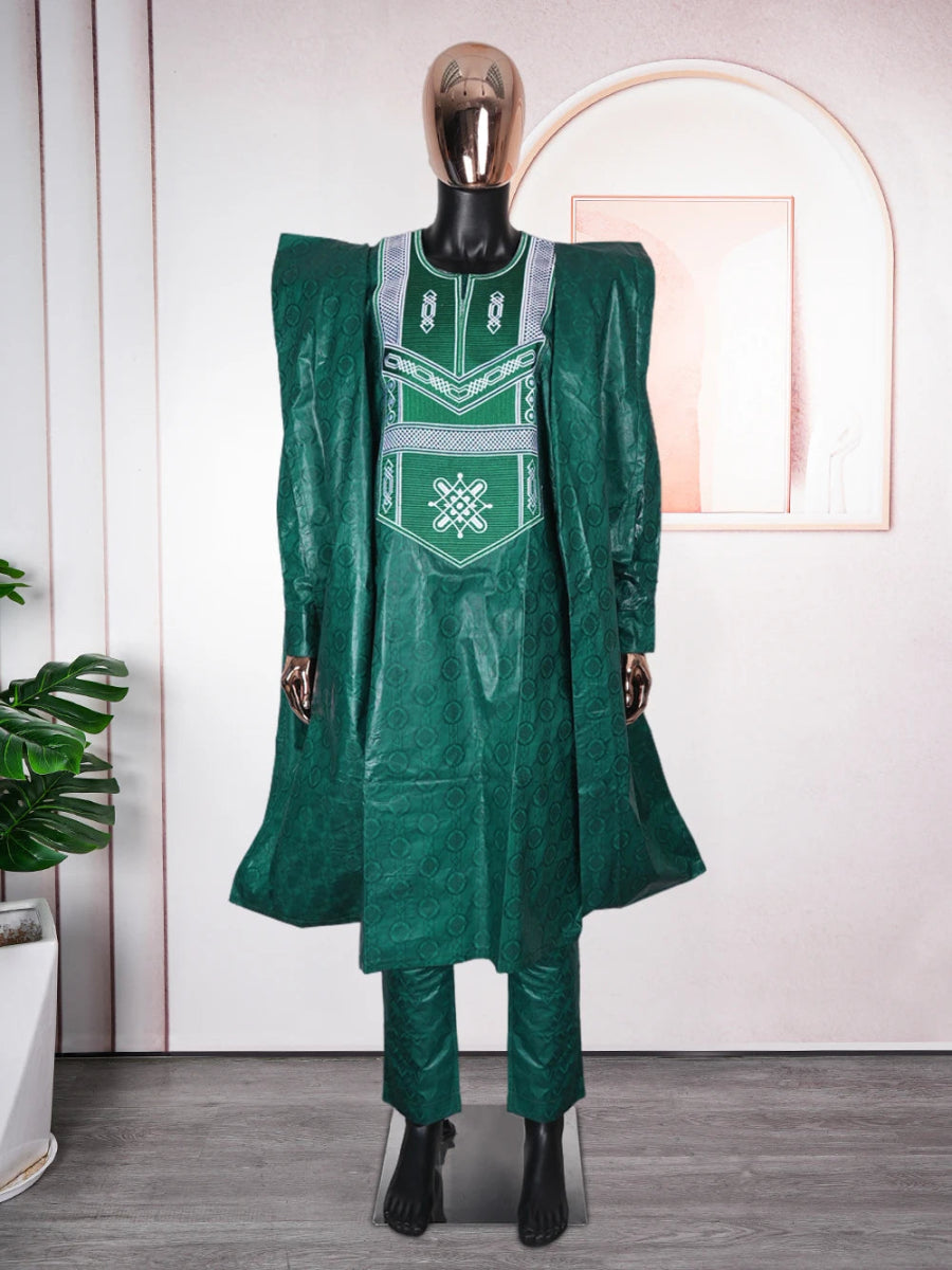 Men's Traditional Bazin Riche Agbada Set – Green Dashiki Robe, Shirt & Pants Formal Attire - Free Delivery Worldwide only at Flexi Africa