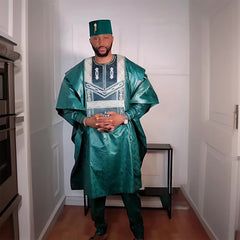 Men's Traditional Bazin Riche Agbada Set – Green Dashiki Robe, Shirt & Pants Formal Attire - Free Delivery Worldwide only at Flexi Africa