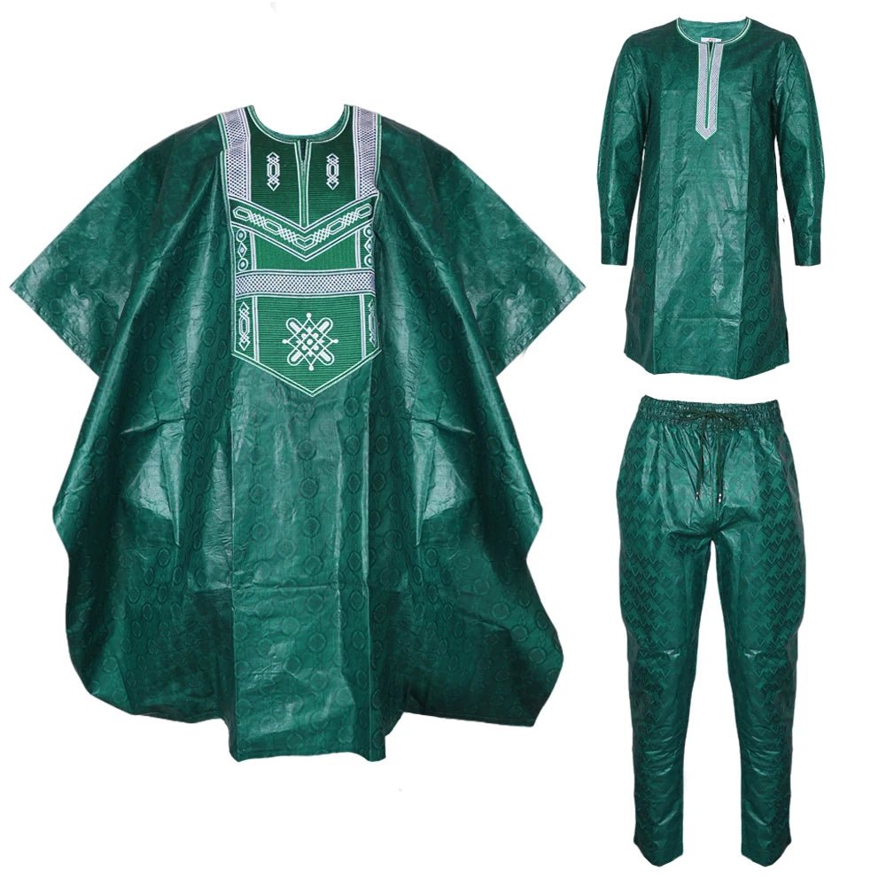 Men's Traditional Bazin Riche Agbada Set – Green Dashiki Robe, Shirt & Pants Formal Attire - Free Delivery Worldwide only at Flexi Africa