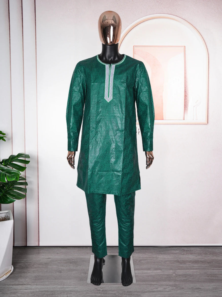 Men's Traditional Bazin Riche Agbada Set – Green Dashiki Robe, Shirt & Pants Formal Attire - Free Delivery Worldwide only at Flexi Africa