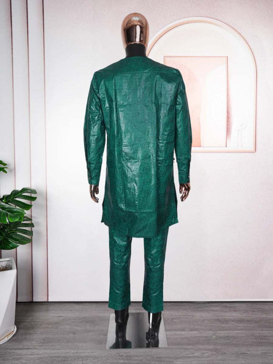 Men's Traditional Bazin Riche Agbada Set – Green Dashiki Robe, Shirt & Pants Formal Attire - Free Delivery Worldwide only at Flexi Africa