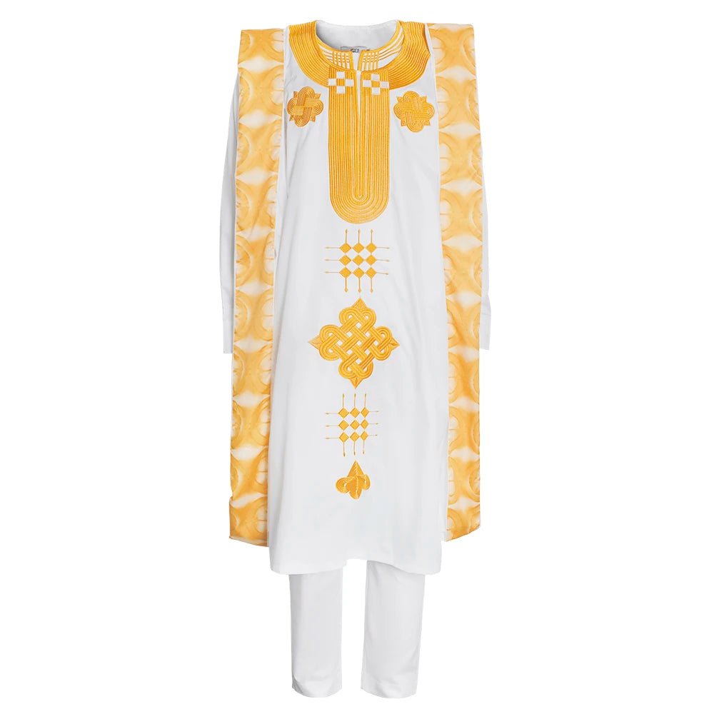 Coordinated white Dashiki-style shirt and trouser set for men with embroidered detailing