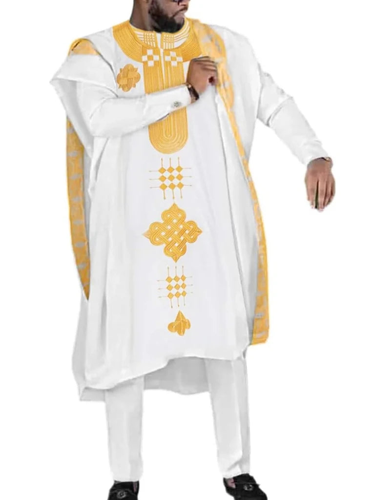 Men's White Embroidered Dashiki Top & Trouser Set - Free Delivery Worldwide only at Flexi Africa