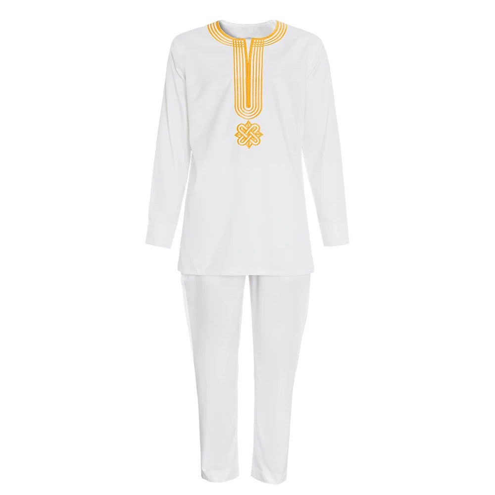 Men's White Embroidered Dashiki Top & Trouser Set - Free Delivery Worldwide only at Flexi Africa