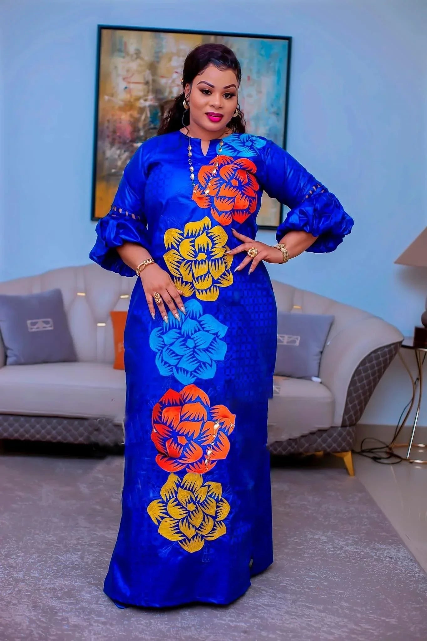 New Fashion Design: African Bazin Embroidery Long Dress Set with Scarf - Stylish Women's Ensemble - Flexi Africa - Flexi Africa offers Free Delivery Worldwide - Vibrant African traditional clothing showcasing bold prints and intricate designs