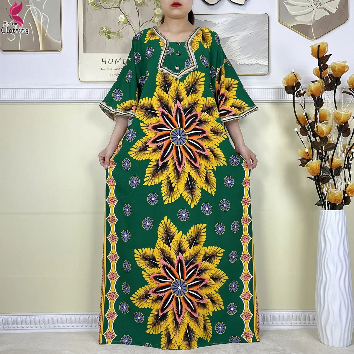 New Style High Quality Muslim Abayas For Women Dress 100%Cotton Dubai Fashion Pocket Printed African Dashiki Femme Loose Dress - Free Delivery Worldwide only at Flexi Africa