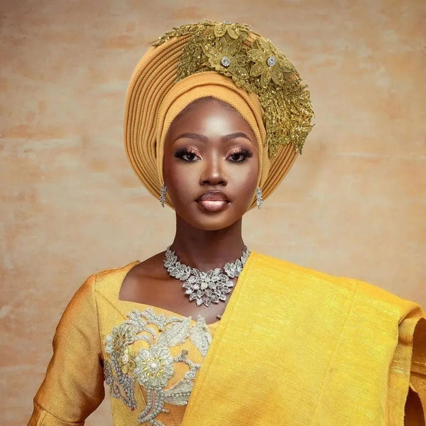 African Auto Gele – Nigerian Wedding Embroidered Lace Turban Headtie