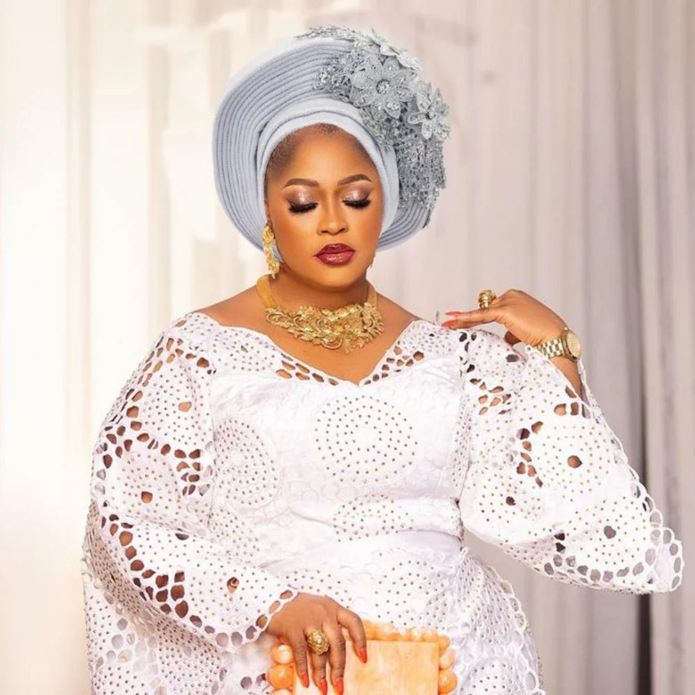 Nigerian Wedding Auto Gele – Elegant Embroidered Lace Women’s Turban Headtie - Free Delivery Worldwide only at Flexi Africa