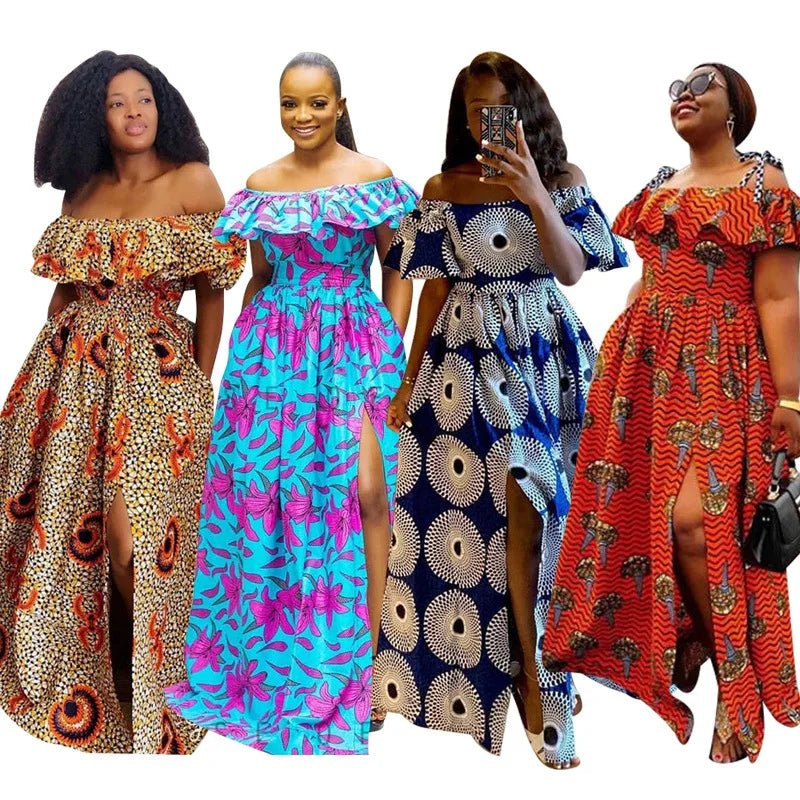 Off - Shoulder African Maxi Dress – Vintage Floral Dashiki Ankara Women’s Outfit - Free Delivery Worldwide only at Flexi Africa