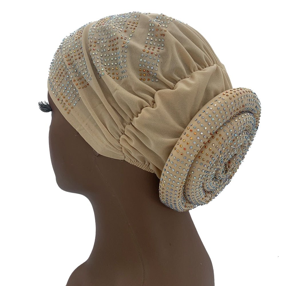 Pleated Turban Cap with Padded Diamonds Design Elastic Muslim Headscarf Bonnet African Headwrap India Hats - Flexi Africa - Flexi Africa offers Free Delivery Worldwide - Vibrant African traditional clothing showcasing bold prints and intricate designs