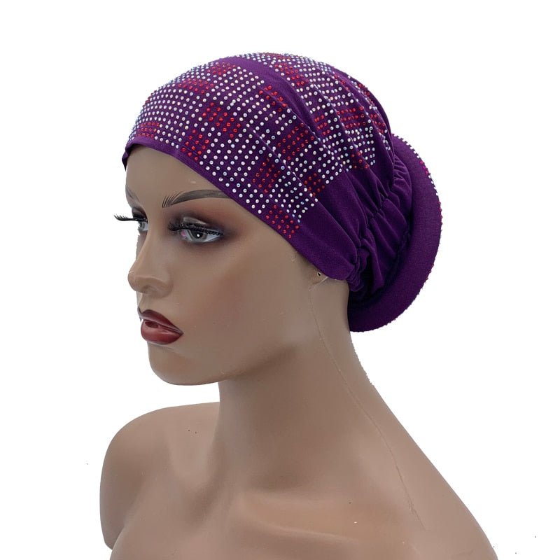 Pleated Turban Cap with Padded Diamonds Design Elastic Muslim Headscarf Bonnet African Headwrap India Hats - Flexi Africa - Flexi Africa offers Free Delivery Worldwide - Vibrant African traditional clothing showcasing bold prints and intricate designs