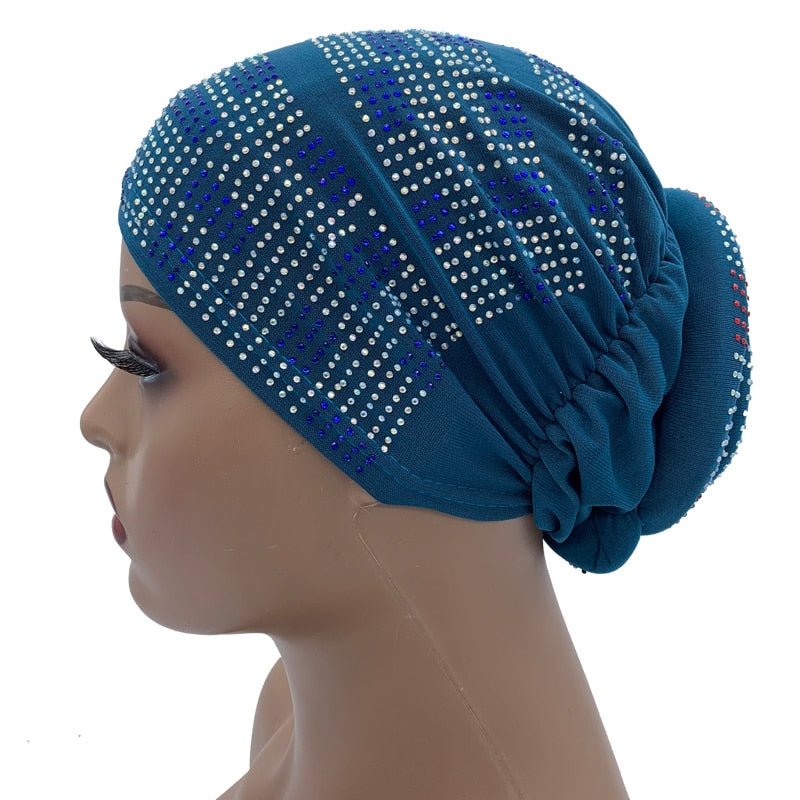 Pleated Turban Cap with Padded Diamonds Design Elastic Muslim Headscarf Bonnet African Headwrap India Hats - Flexi Africa - Flexi Africa offers Free Delivery Worldwide - Vibrant African traditional clothing showcasing bold prints and intricate designs