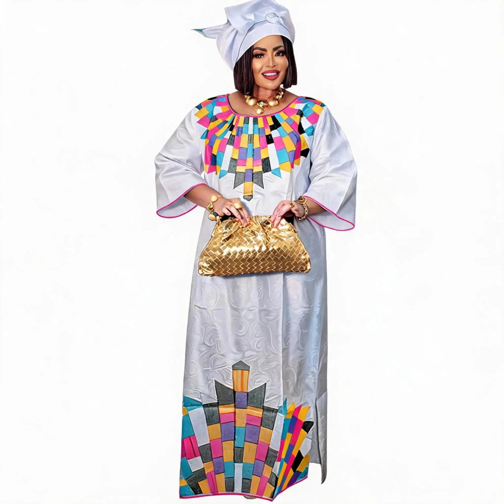 Plus Size African Bazin Riche Embroidered Long Dress with Scarf – Elegant Women’s Traditional Party - Free Delivery Worldwide only at Flexi Africa