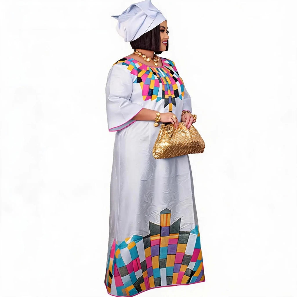 Plus Size African Bazin Riche Embroidered Long Dress with Scarf – Elegant Women’s Traditional Party - Free Delivery Worldwide only at Flexi Africa