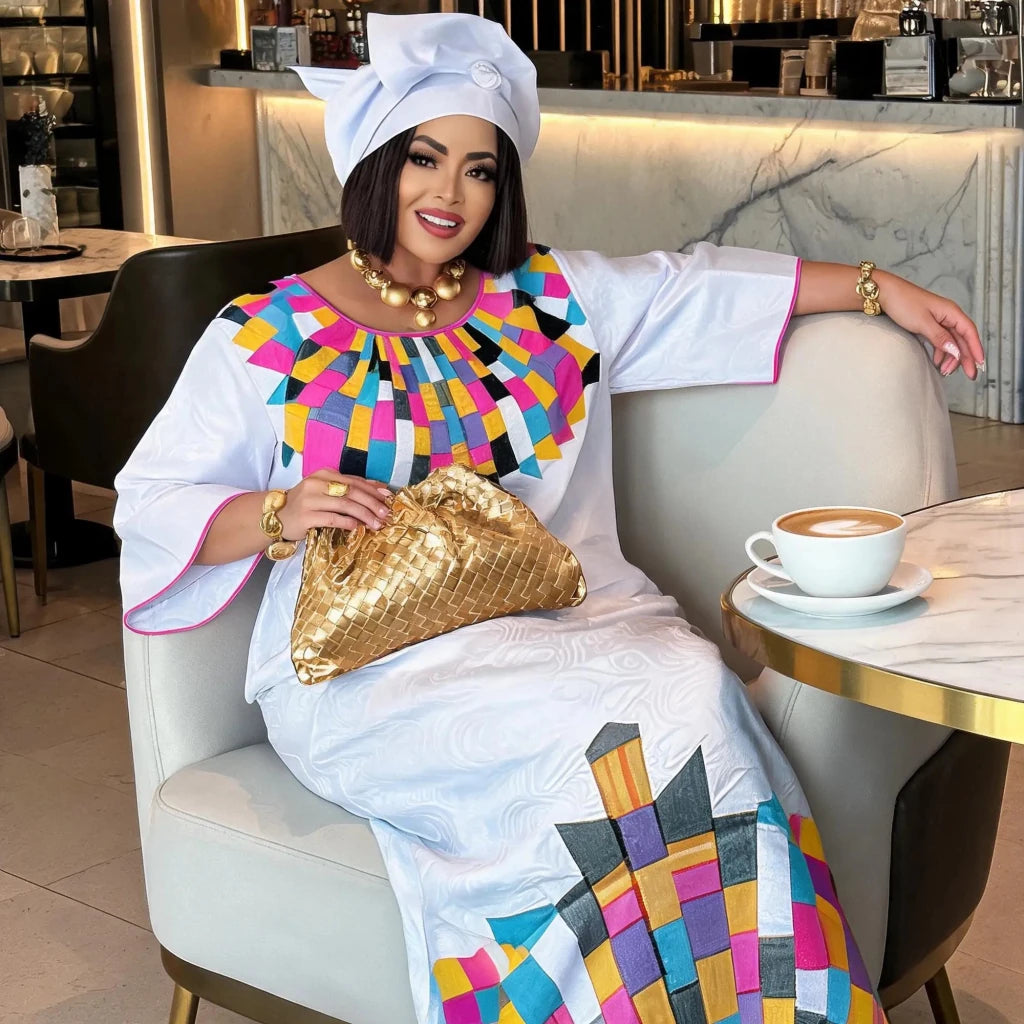 Plus Size African Bazin Riche Embroidered Long Dress with Scarf – Elegant Women’s Traditional Party - Free Delivery Worldwide only at Flexi Africa