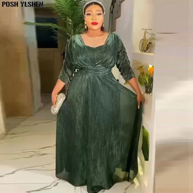 Plus Size African Evening Dress for Women Luxury Glitter Ankara Long Gown Wedding Party Wear - Flexi Africa Green / L