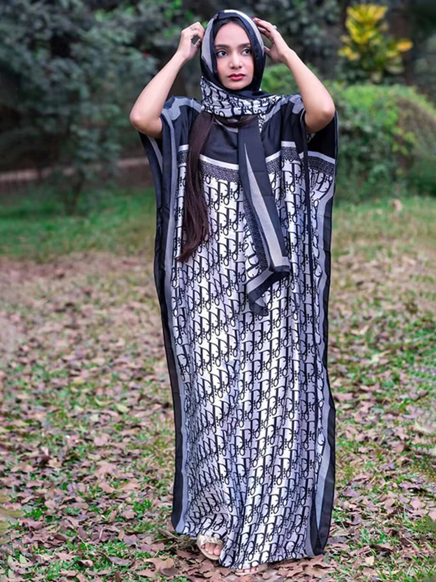 Plus Size African Kaftan Dress Set – 2PC Geometric Print Maxi with Headscarf - Free Delivery Worldwide only at Flexi Africa