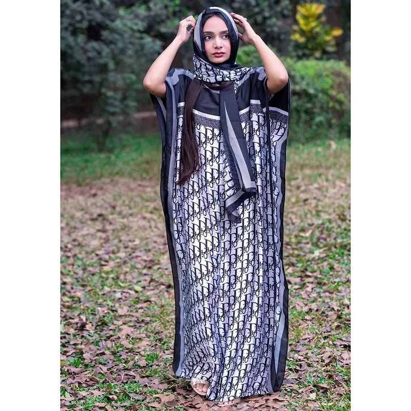 Plus Size African Kaftan Dress Set – 2PC Geometric Print Maxi with Headscarf - Free Delivery Worldwide only at Flexi Africa