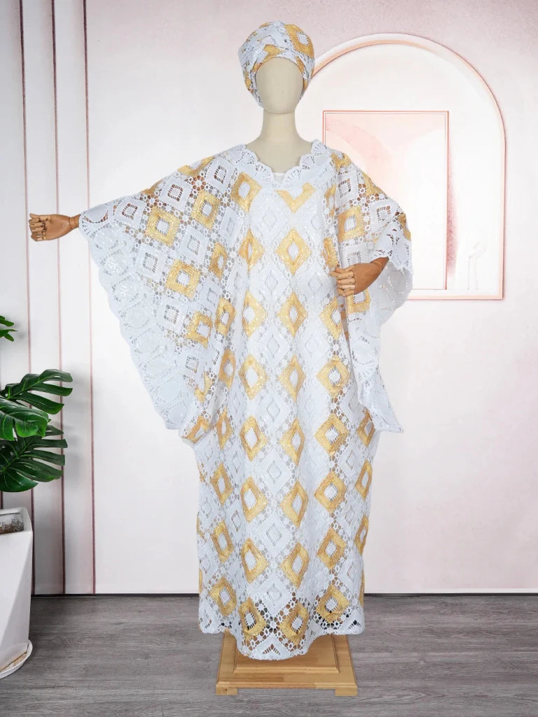 Plus Size African Lace Grand Boubou 2PC Dress for Women – Loose Dashiki Abaya Robe Outfit - Free Delivery Worldwide only at Flexi Africa