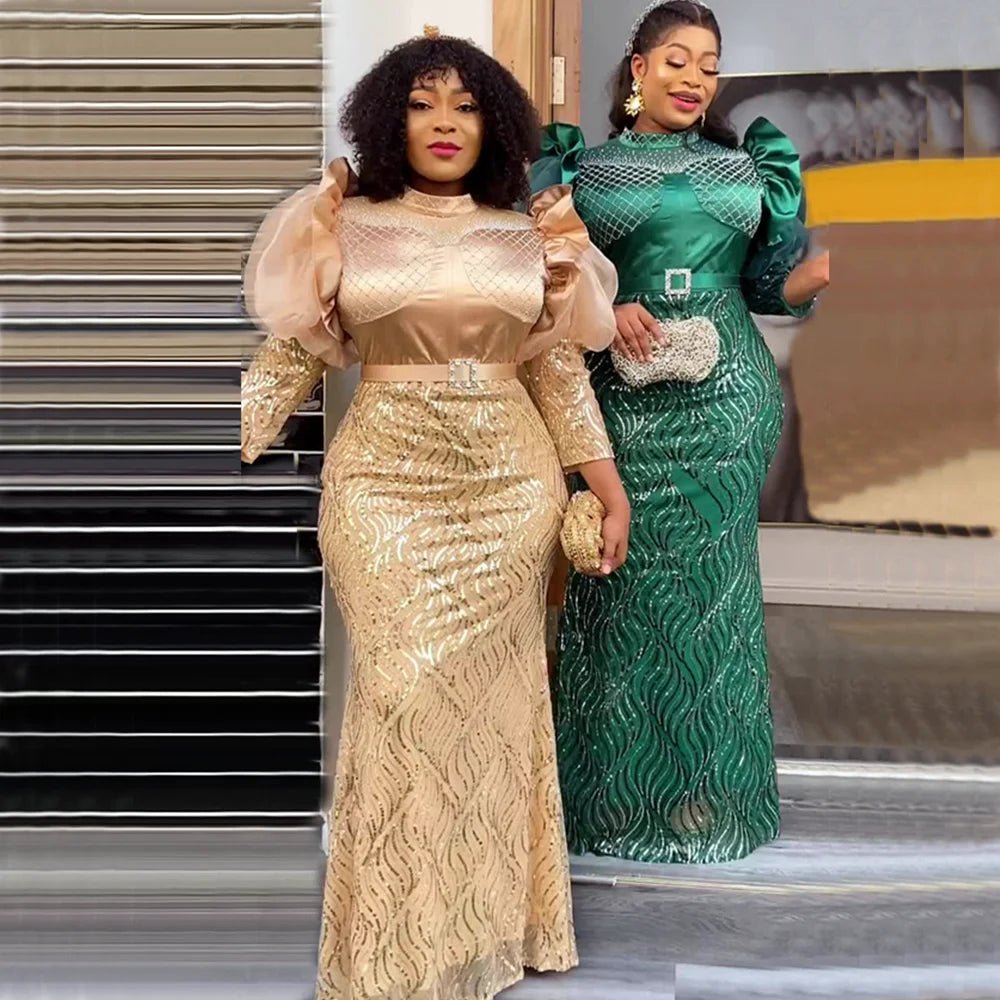Plus Size African Luxury Sequin Evening Party Gowns: Dashiki Ankara Outfits for Women - Long Dresses - Flexi Africa - Flexi Africa offers Free Delivery Worldwide - Vibrant African traditional clothing showcasing bold prints and intricate designs