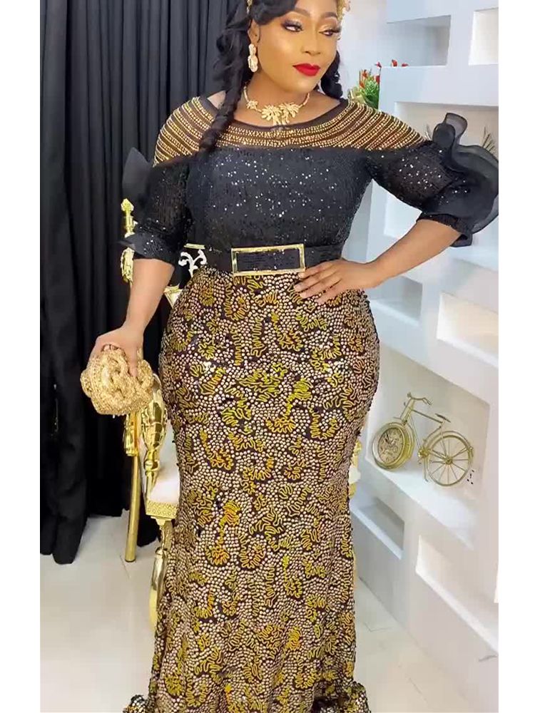 Plus Size African Party Long Dresses for Women Dashiki Sequin Evening Gowns Outfits Robe Africa Clothing - Flexi Africa