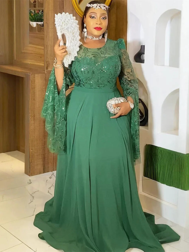 fitted lace wedding dress African Sequin Evening Maxi Dress – Dashiki Long Sleeve Green / XXL