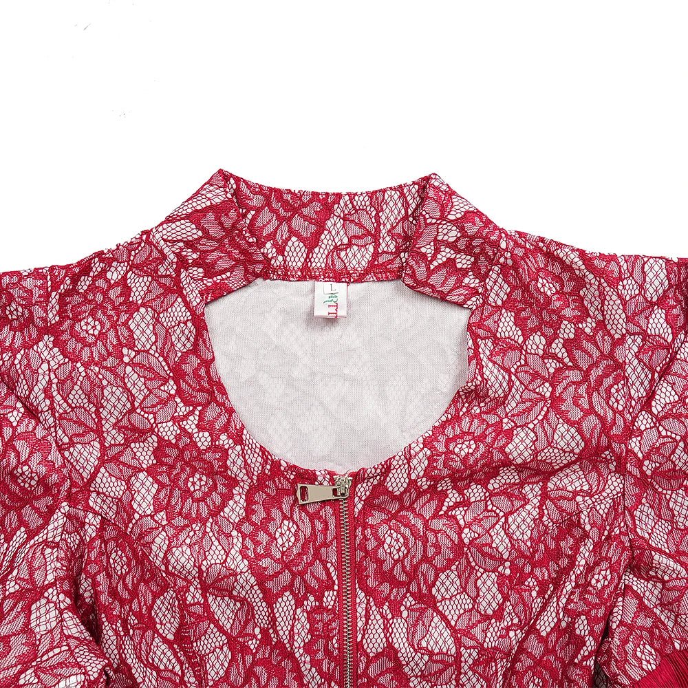 Plus Size African Wedding Outfit – Red Lace Top & Elegant Pleated Maxi Skirt Set - Free Delivery Worldwide only at Flexi Africa