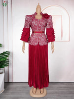 Plus Size African Wedding Outfit – Red Lace Top & Elegant Pleated Maxi Skirt Set - Free Delivery Worldwide only at Flexi Africa