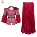 Plus Size African Wedding Outfit – Red Lace Top & Elegant Pleated Maxi Skirt Set - Free Delivery Worldwide only at Flexi Africa