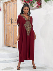 Plus Size Boho Maxi Dress for Ramadan, Women's V Neck Geometric Print Kaftan with Batwing Sleeves - Flexi Africa - Free Delivery Worldwide only at www.flexiafrica.com